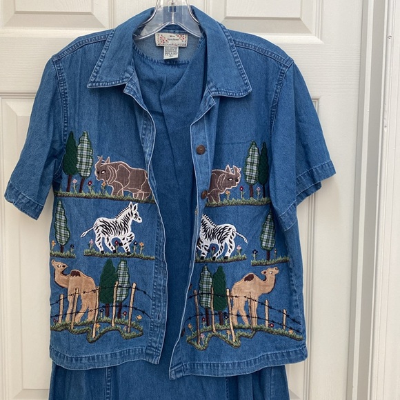 Vintage Embroidered Floral Blue Jean Cotton Denim Maxi Dress XLarge 90s - Picture 3 of 17